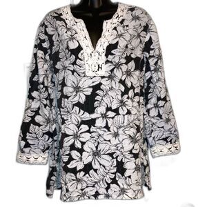 Tunic Long Sleeves Embroidered Crochet Floral Black White Womens Large